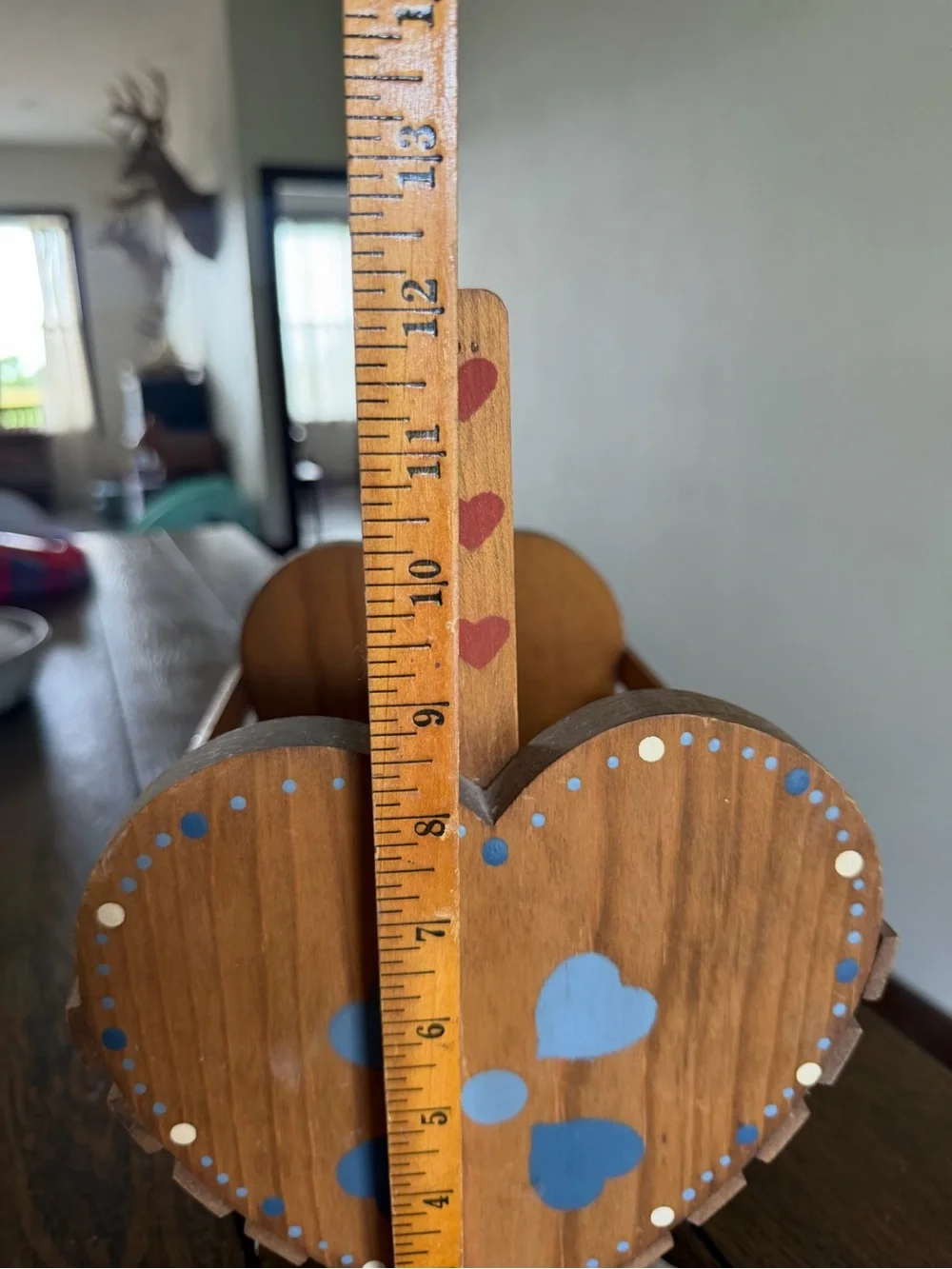 Vintage Wooden Heart Slat Basket Caddy Handle Blue Folk Art Stencil‎ Cottagecore